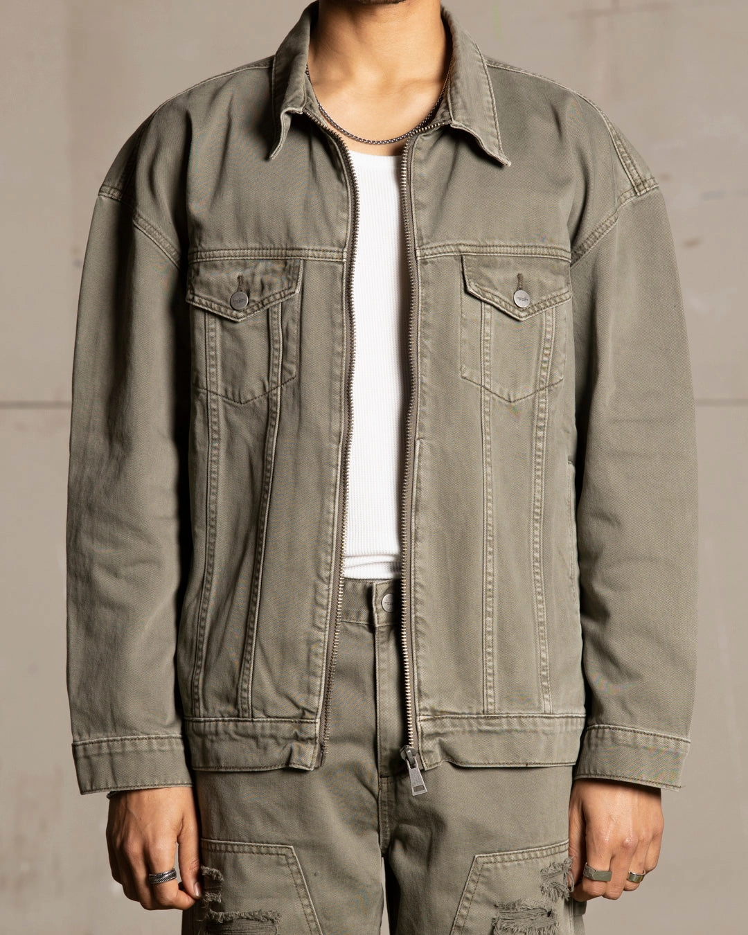 Saint Morta Oversized Denim Jacket Khaki Green Reinforced Shoulder Panels Versatile Layering Piece