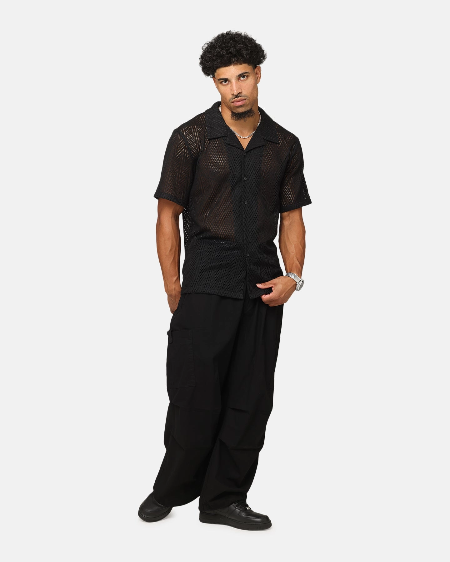 XXIII Terrace Knit Button Up Shirt Black Adjustable Hem quick dry