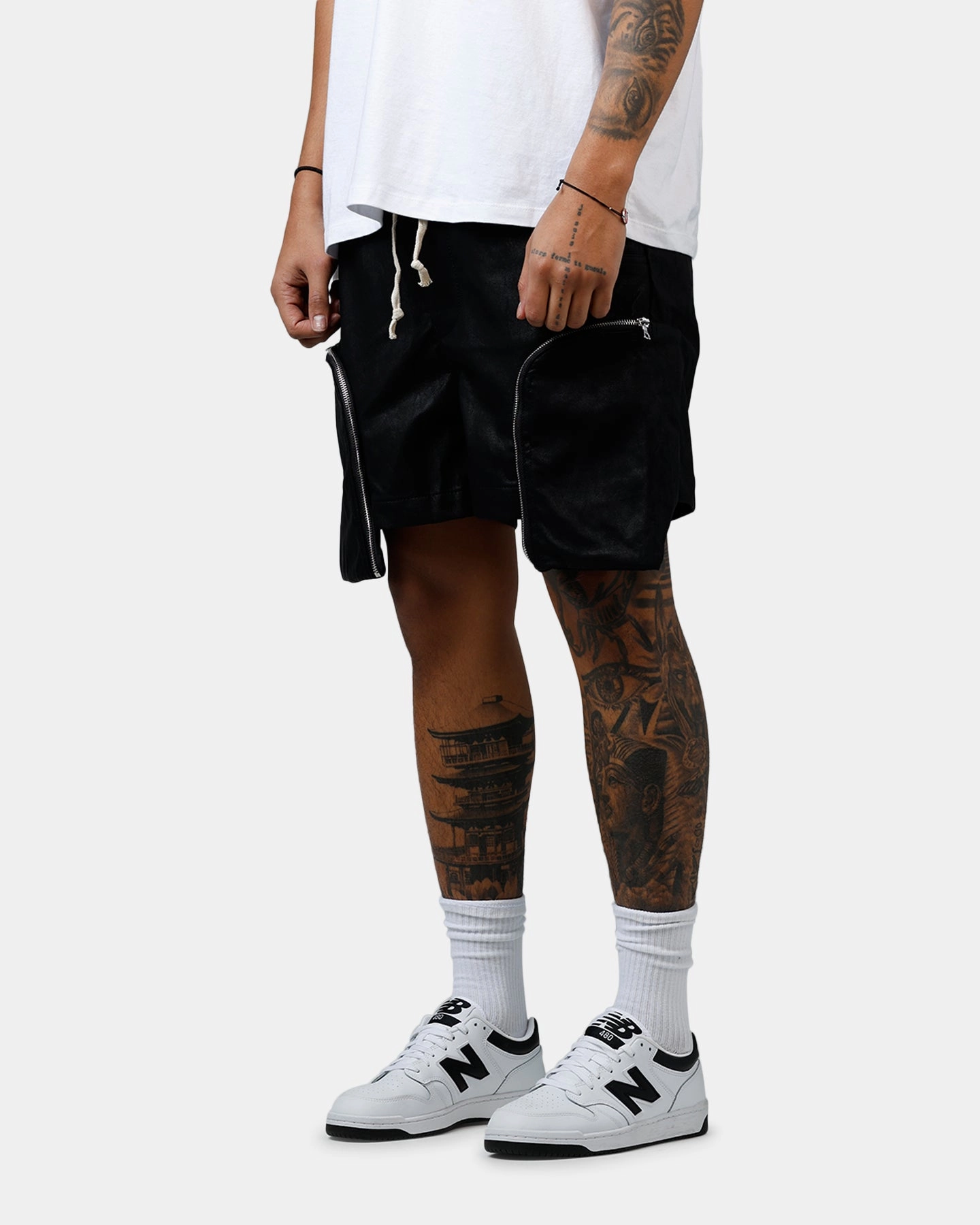 MNML Leather Pocket Geo Shorts Black multiple pockets Sustainable