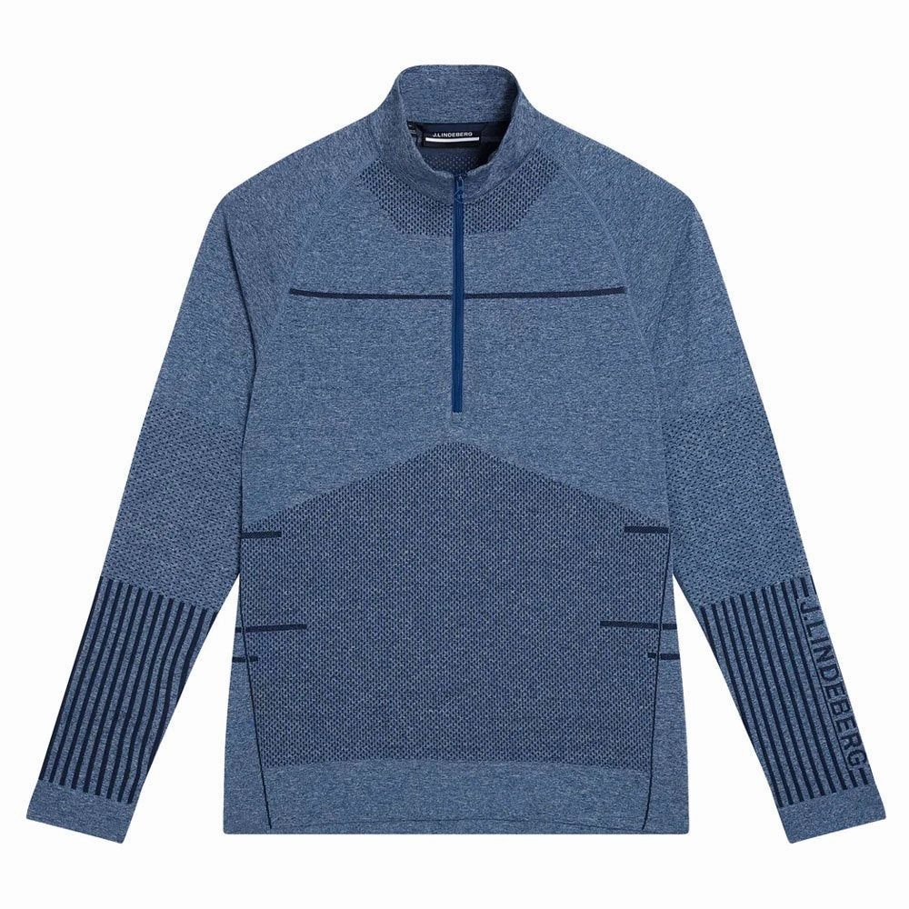 Compact Travel Friendly Stand Collar J.Lindeberg Jimmy Mid Layer Golf Pullover Estate Blue Melange - FW23 Men