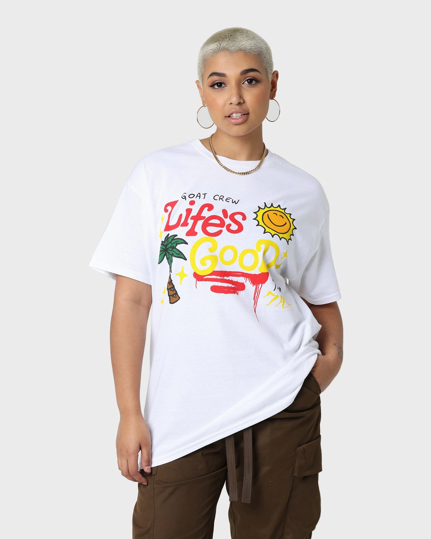Goat Crew Life Is Good T-Shirt White Oversized Fit Timeless Appeal