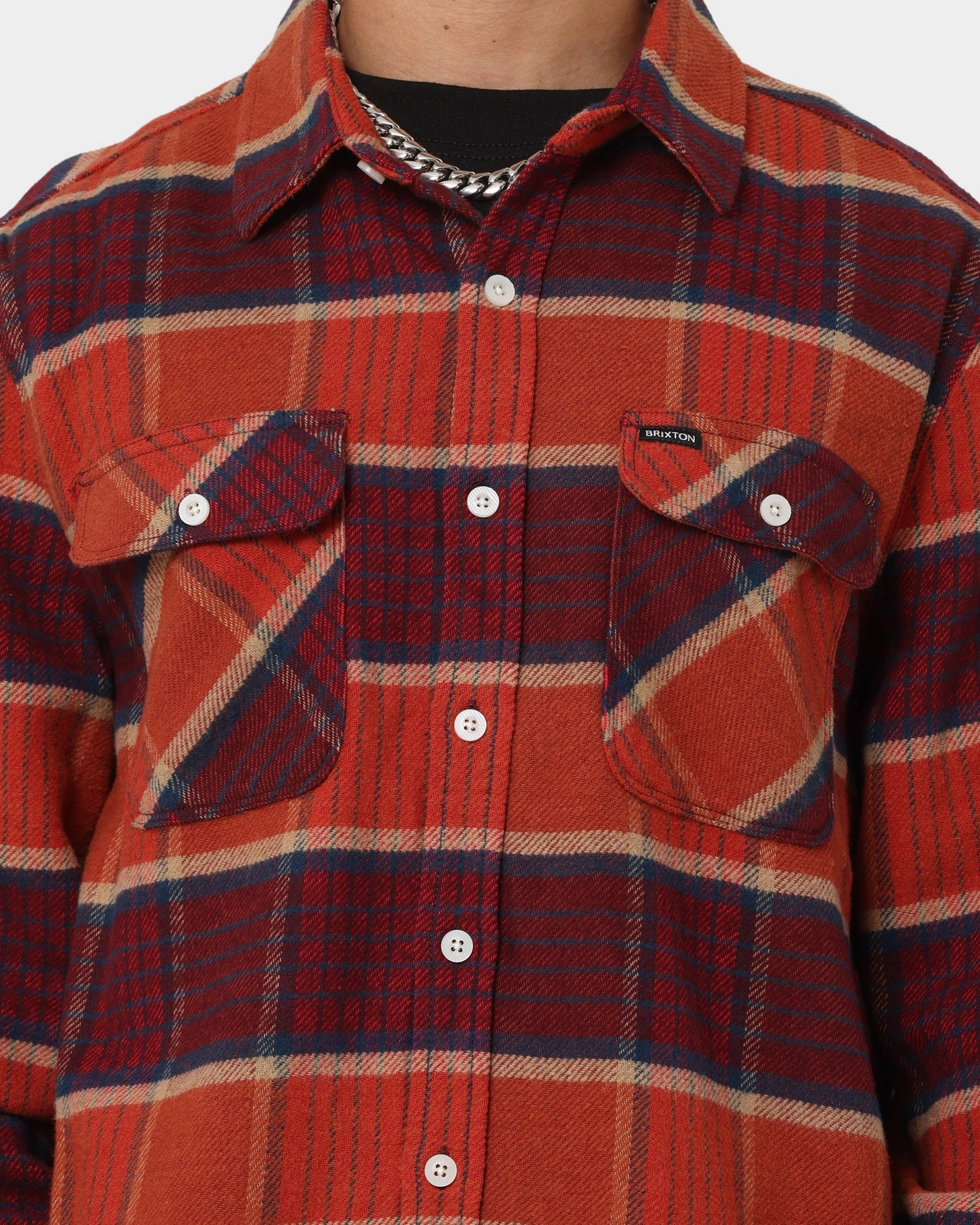 Brixton Bowery Flannel Jacket Mahogany Plaid Ventilation Grommets Determination
