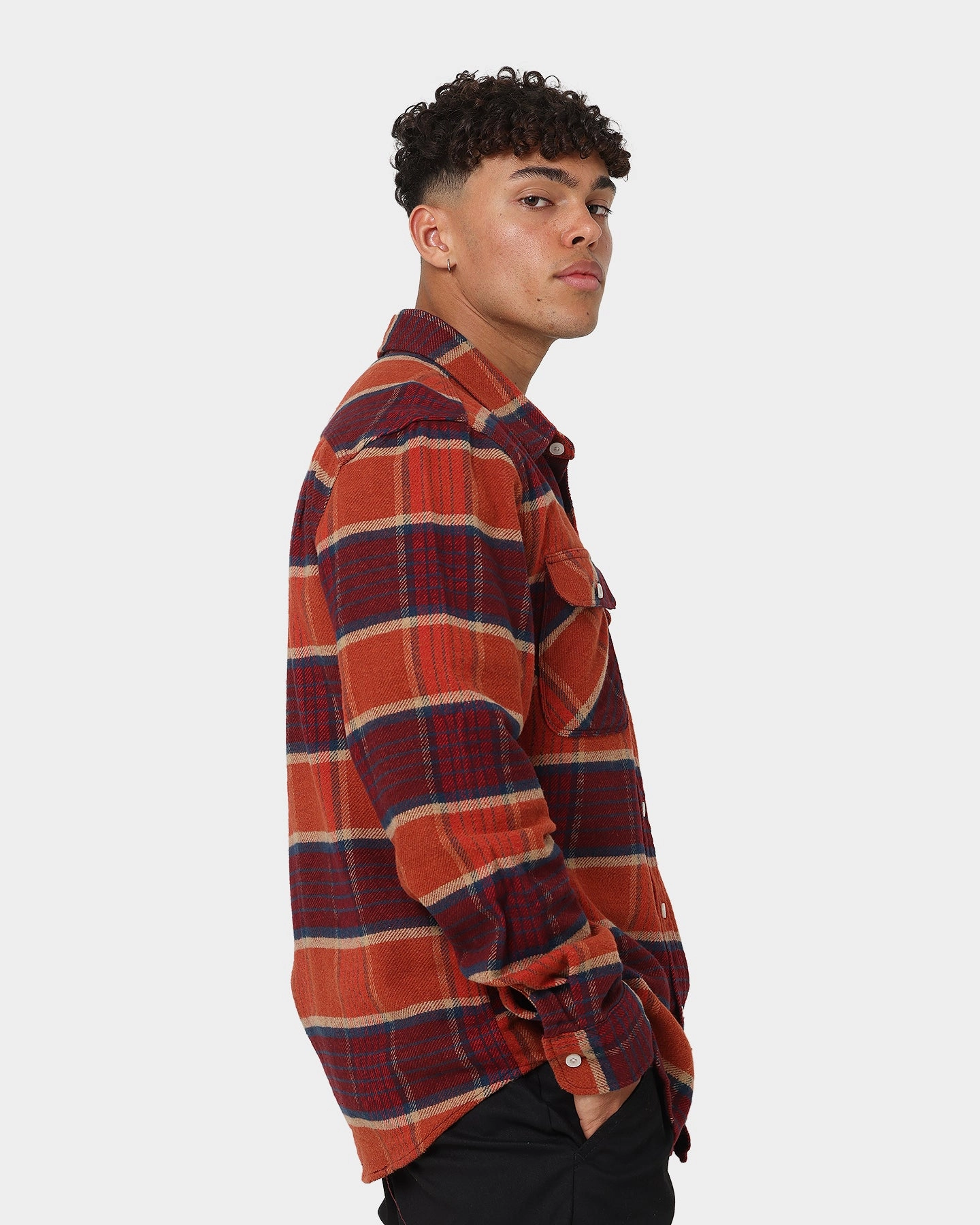 Brixton Bowery Flannel Jacket Mahogany Plaid Compression Packed Design