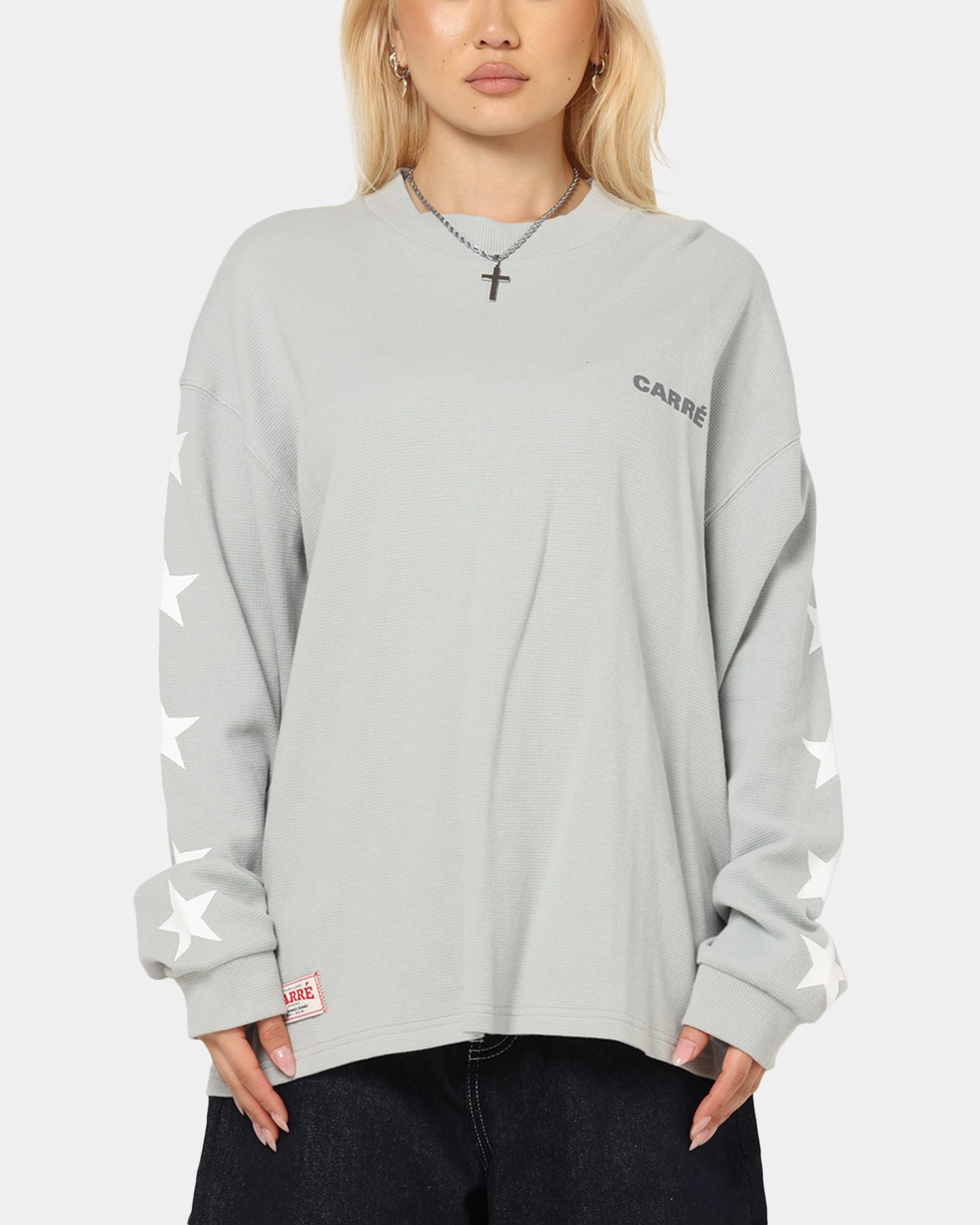Minimalist Style VintageWashEffect Carre Waffle Workwear Long Sleeve T-Shirt Grey