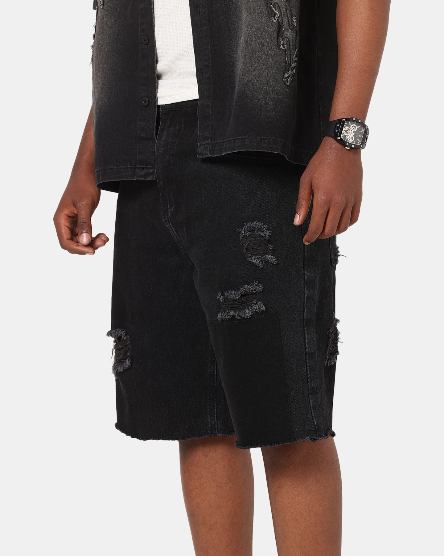 Saint Morta Halo Damage Jorts Black Fun Patterns Elastic Waistband Design