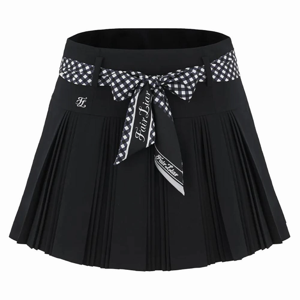 Fairliar Scarf Set Pleated Golf Skirt Black - SS24 Women Reinforced Seams