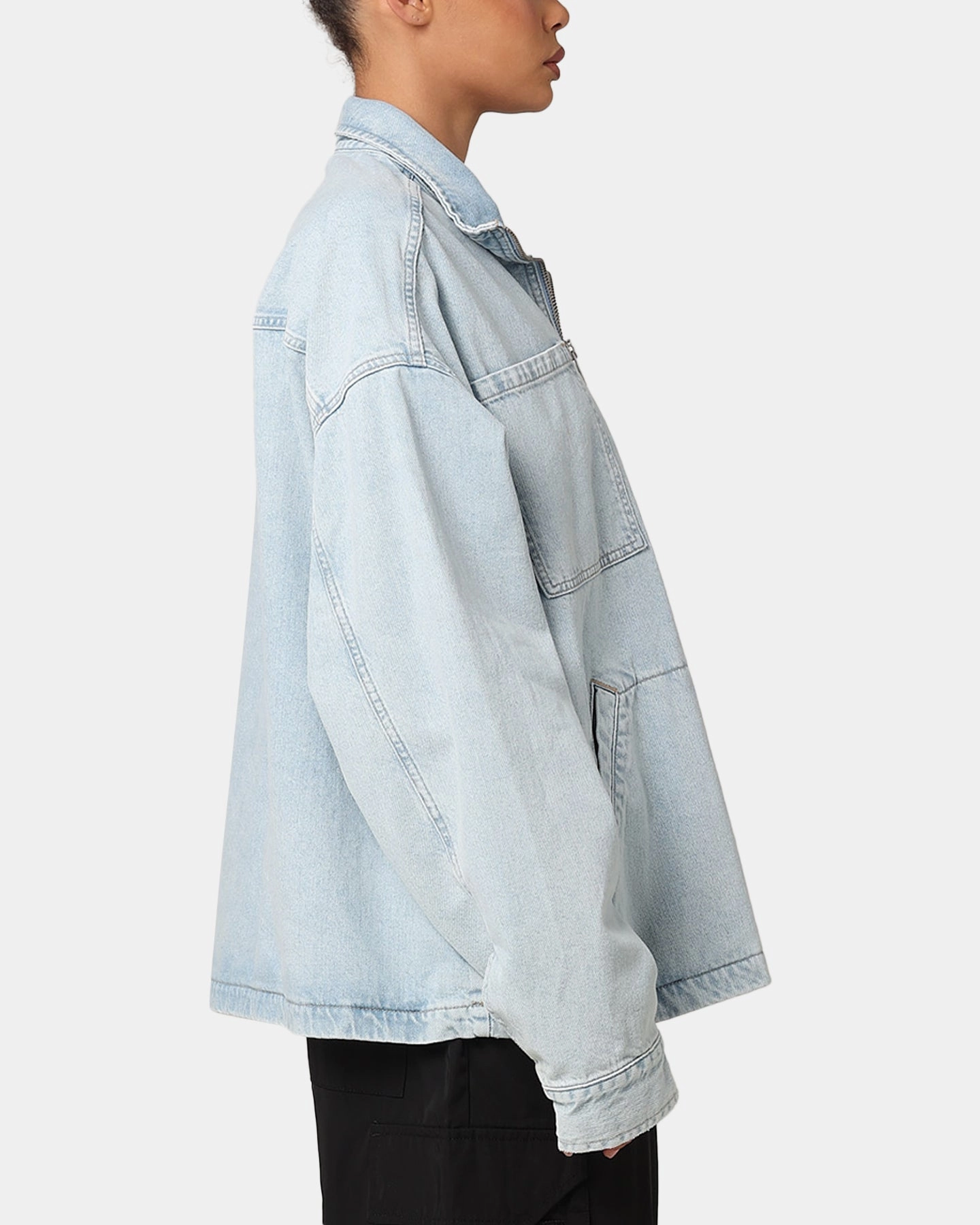 Layered Security Pockets Urban Calvin Klein Denim Pop Over Quarter Zip Jacket Light Blue