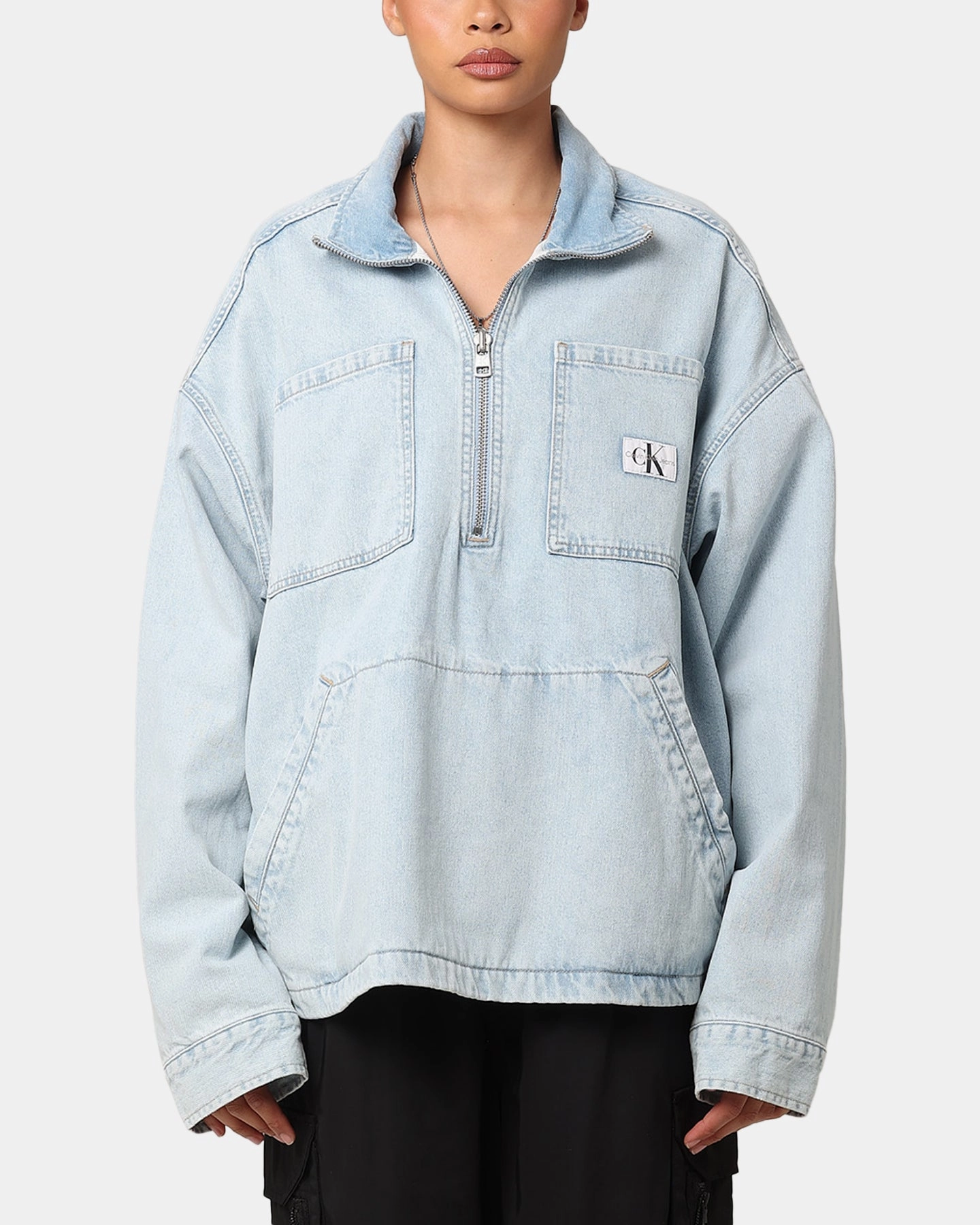 Calvin Klein Denim Pop Over Quarter Zip Jacket Light Blue Analysis Side Pockets