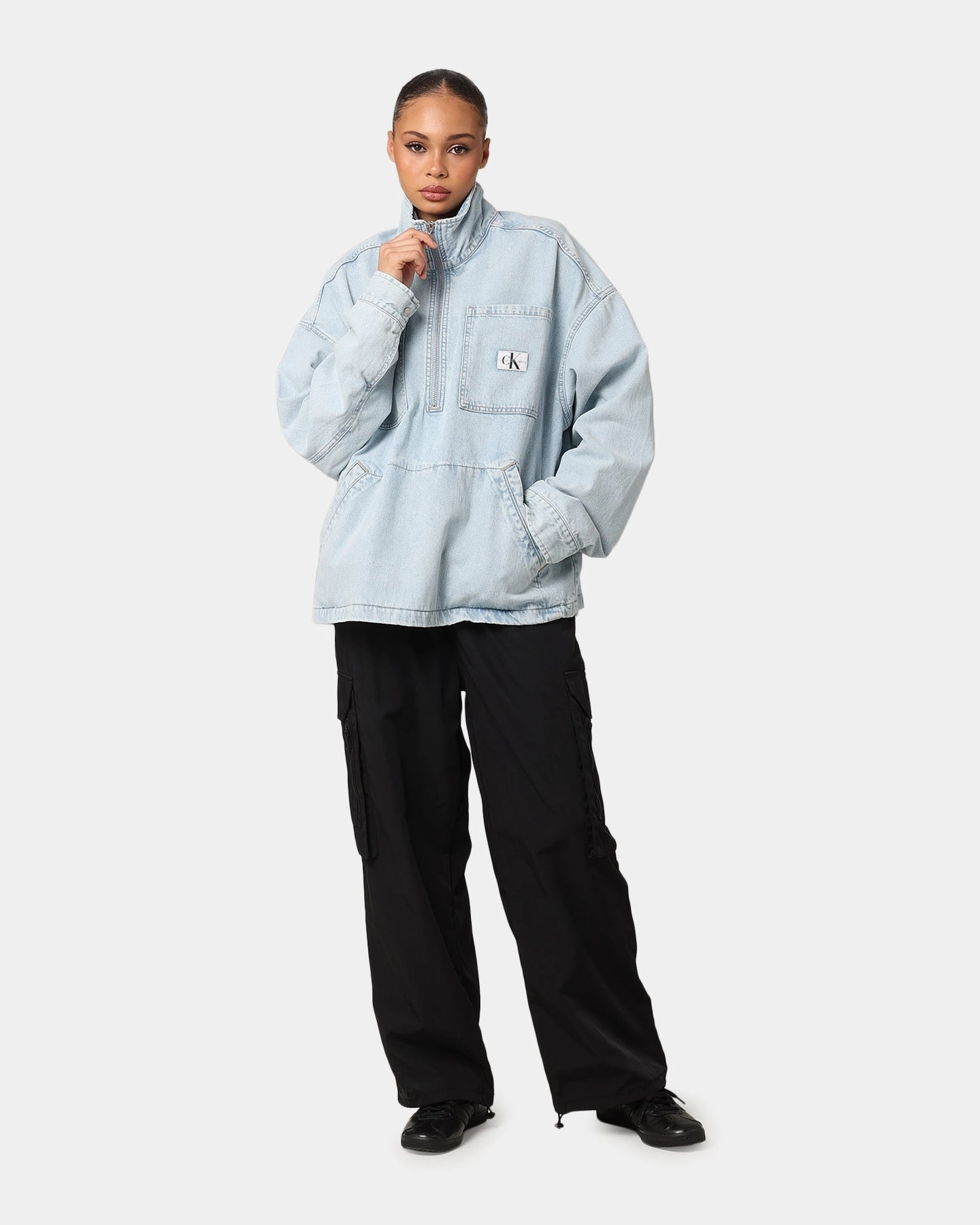 Calvin Klein Denim Pop Over Quarter Zip Jacket Light Blue Grant