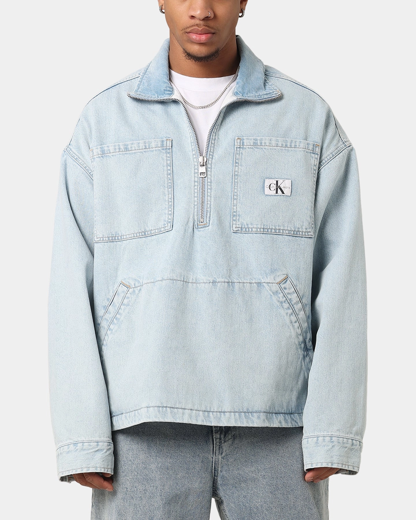 Calvin Klein Denim Pop Over Quarter Zip Jacket Light Blue Non Bulky Design Celebrate