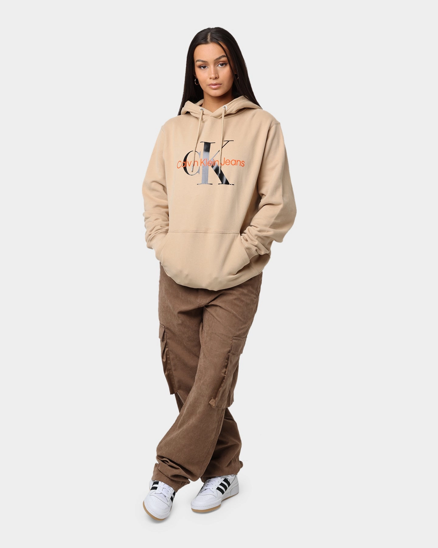 Abrasion Resistant Zippers brand - new Calvin Klein Monogram Hoodie Tawny Sand/Black