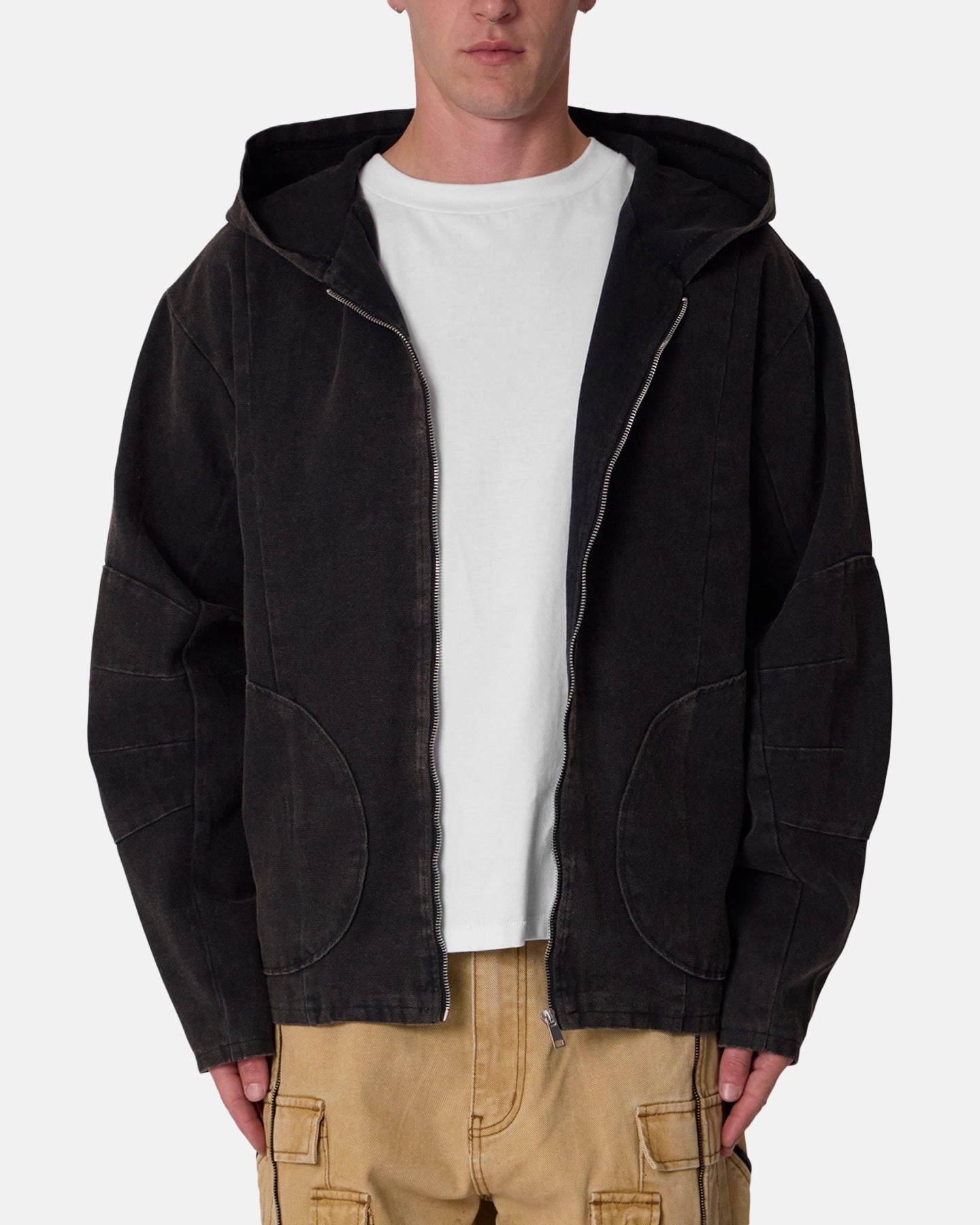 MNML Seamed Zip Up Hoodie Washed Black Ventilated Back Panel