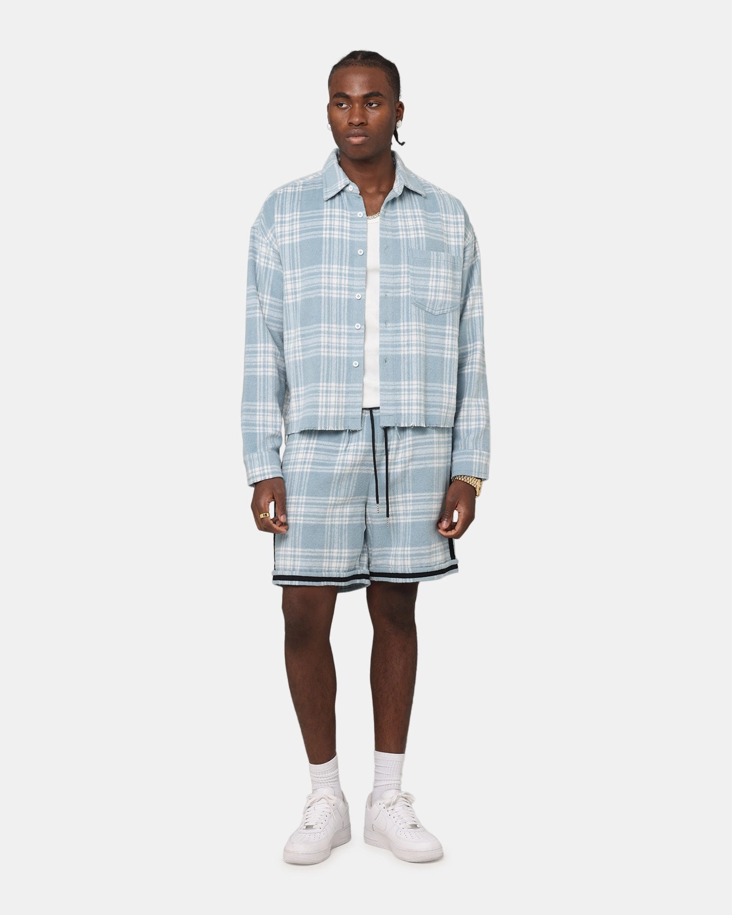 Roomy Cut Travel-friendly XXIII Plaid Long Sleeve Overshirt Blue