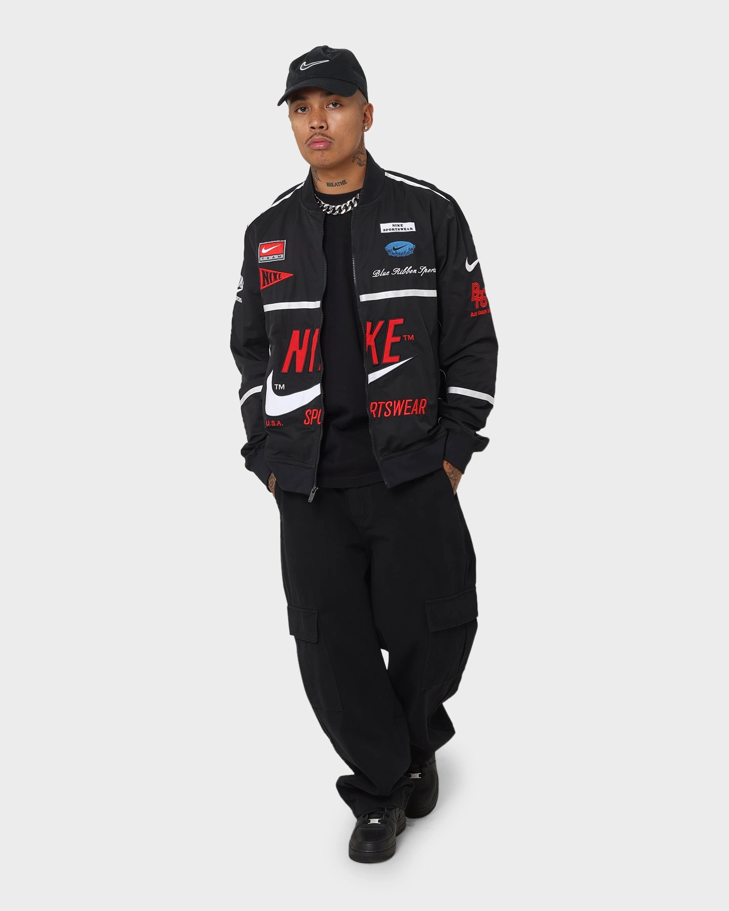 Sporty Fit dancers Nike Sportswear Mercato Woven Bomber Jacket Black/White/University Red