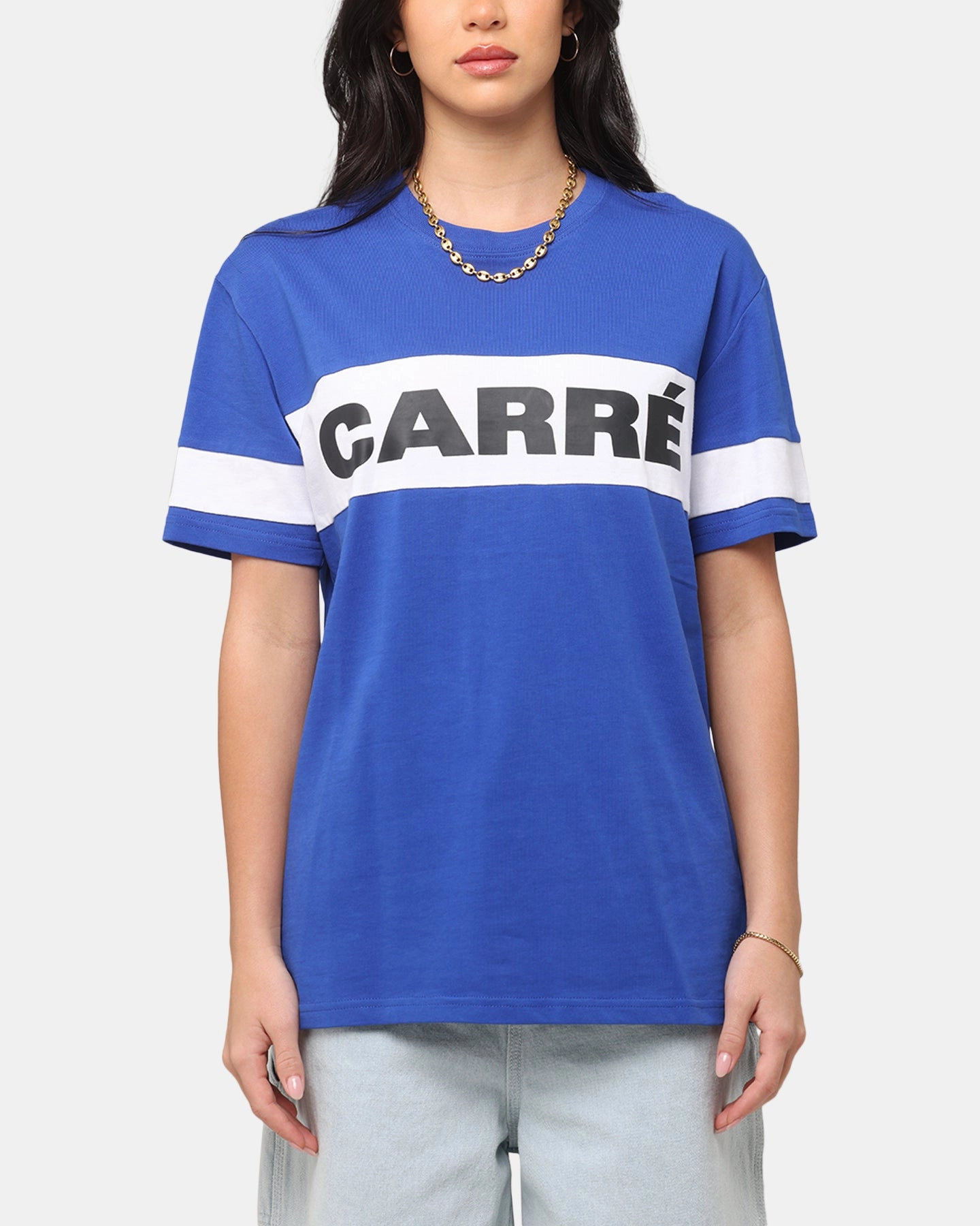 All Season Wear Layered Sleeve Construction Carre Bars T-Shirt Royal/White