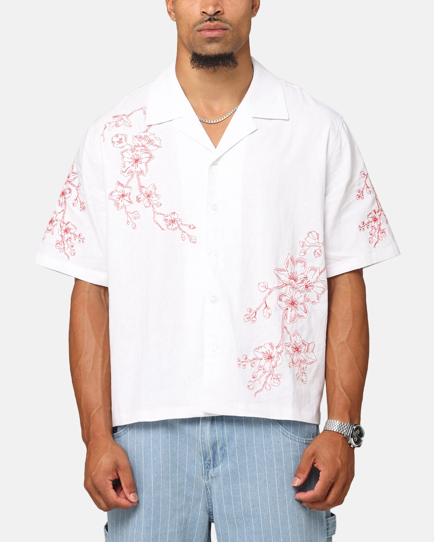 Comfort First Fit Modern Aesthetic Carre Blossom Button Up Shirt White/Red
