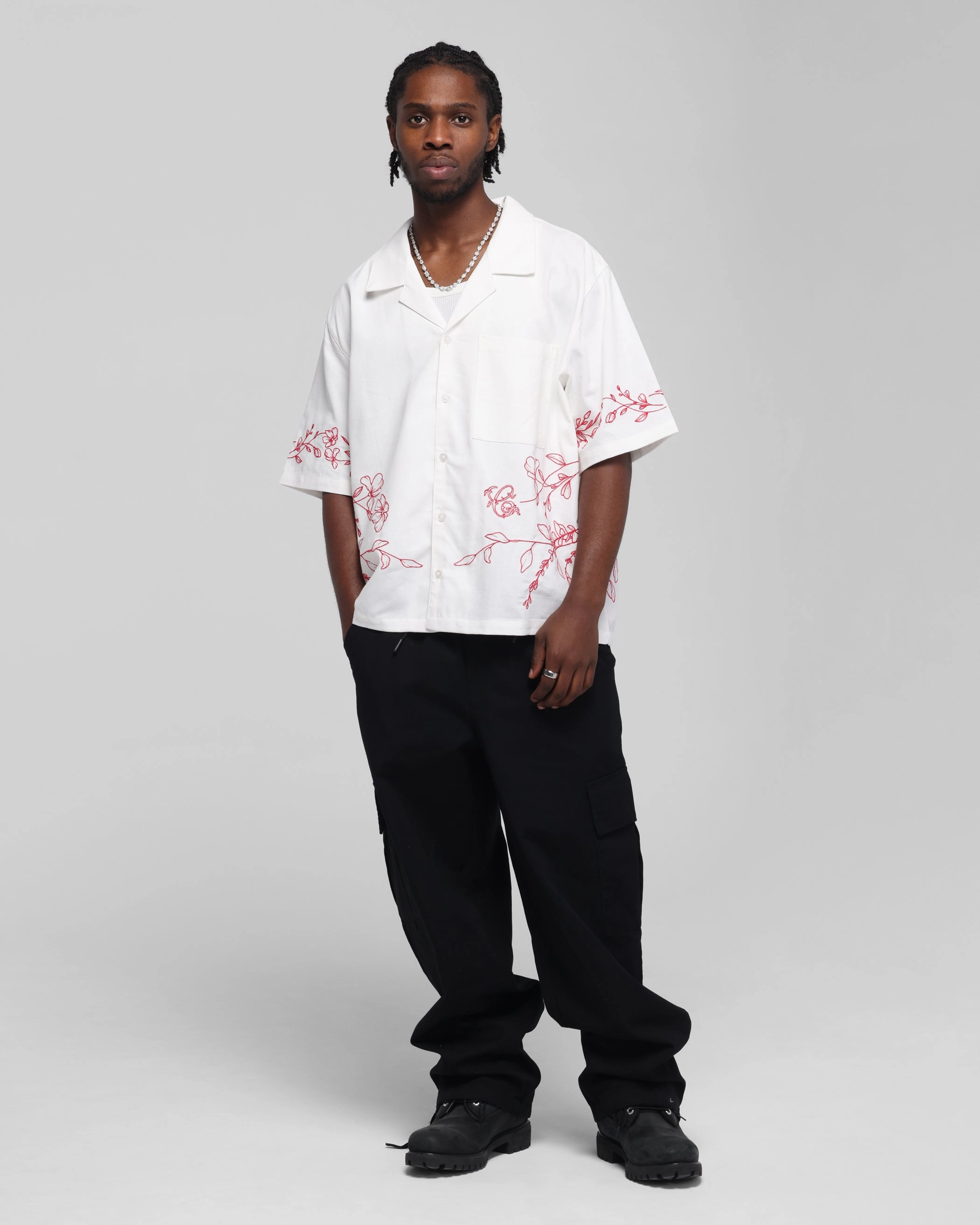 Carre Botanica Button Up Shirt Off White Laser Cut Edge Detail