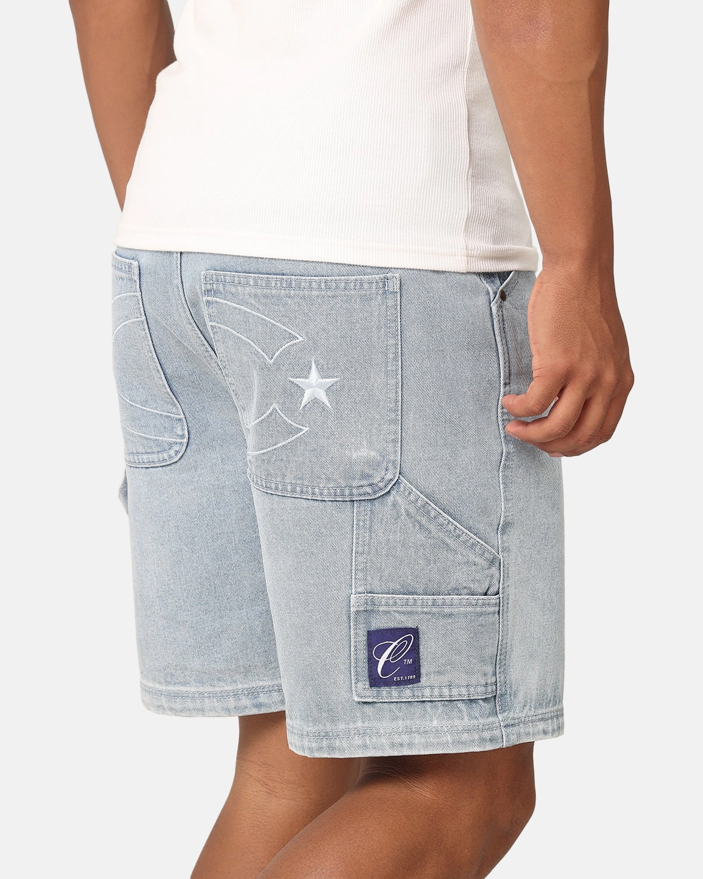 sequined details Carre C-Star Denim Shorts Light Wash Blue