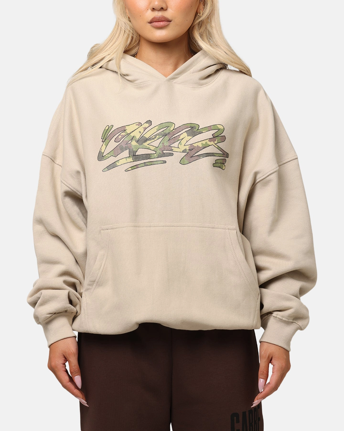 Carre Camo Script Hoodie Stone Graphic Double Layered Hood