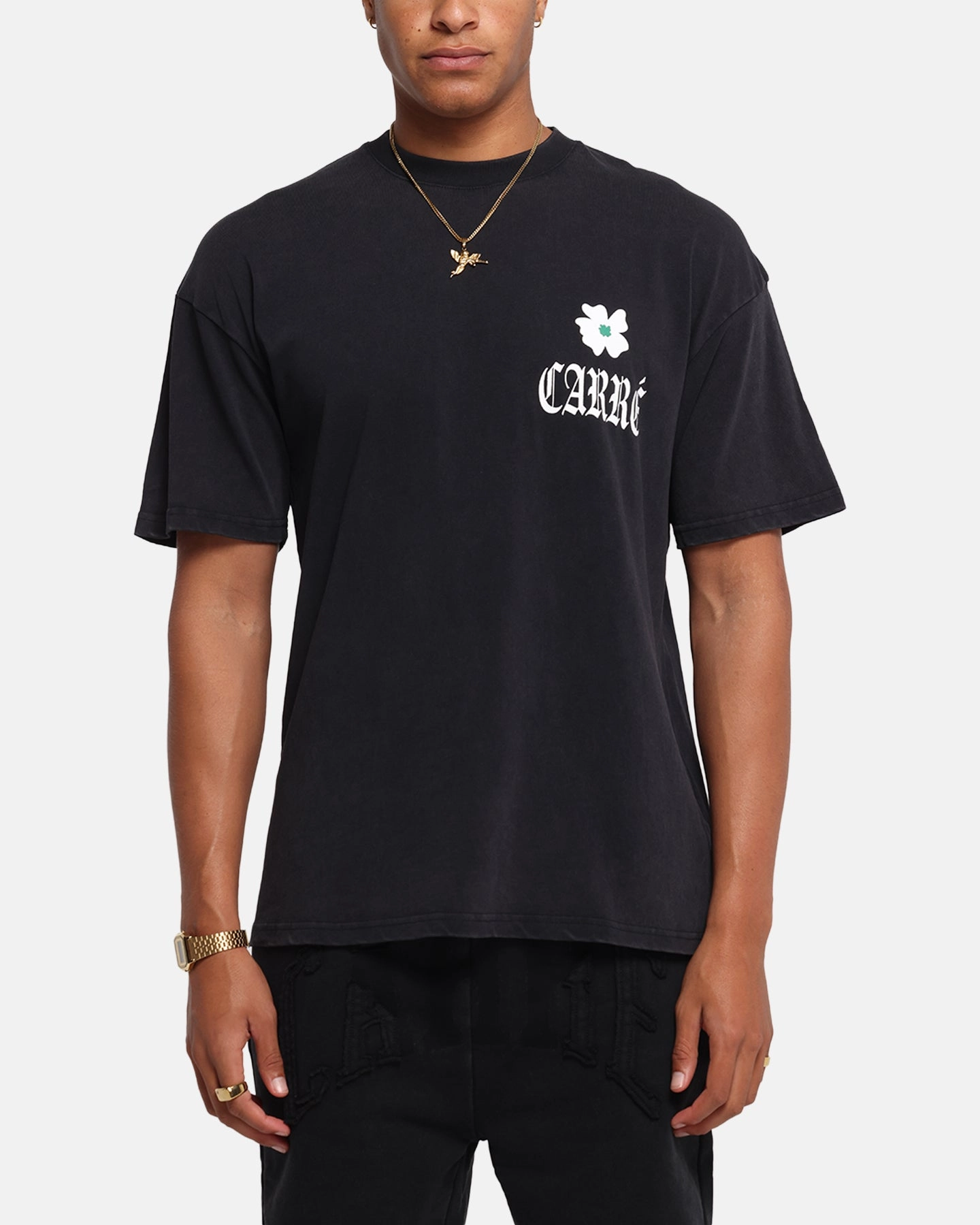 Micro Perforated Fabric anti static coating Carre Eternal Garden T-Shirt Black Acidwash