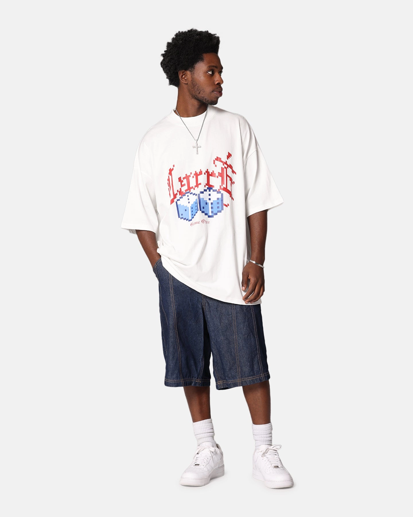 Simple Style Street Fashion Carre Game Over Mock Neck T-Shirt Off White