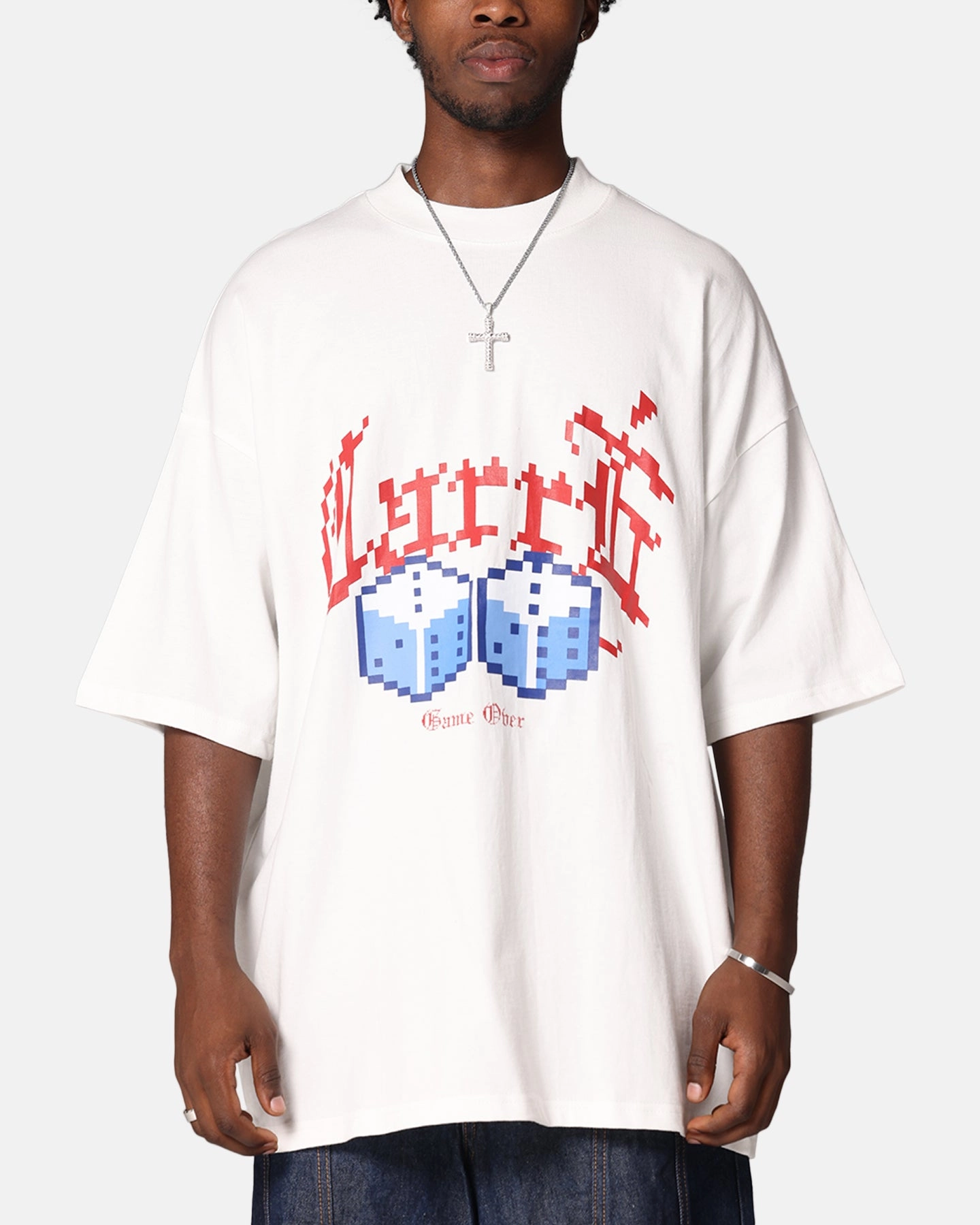 Linen blend Minimal Look Carre Game Over Mock Neck T-Shirt Off White