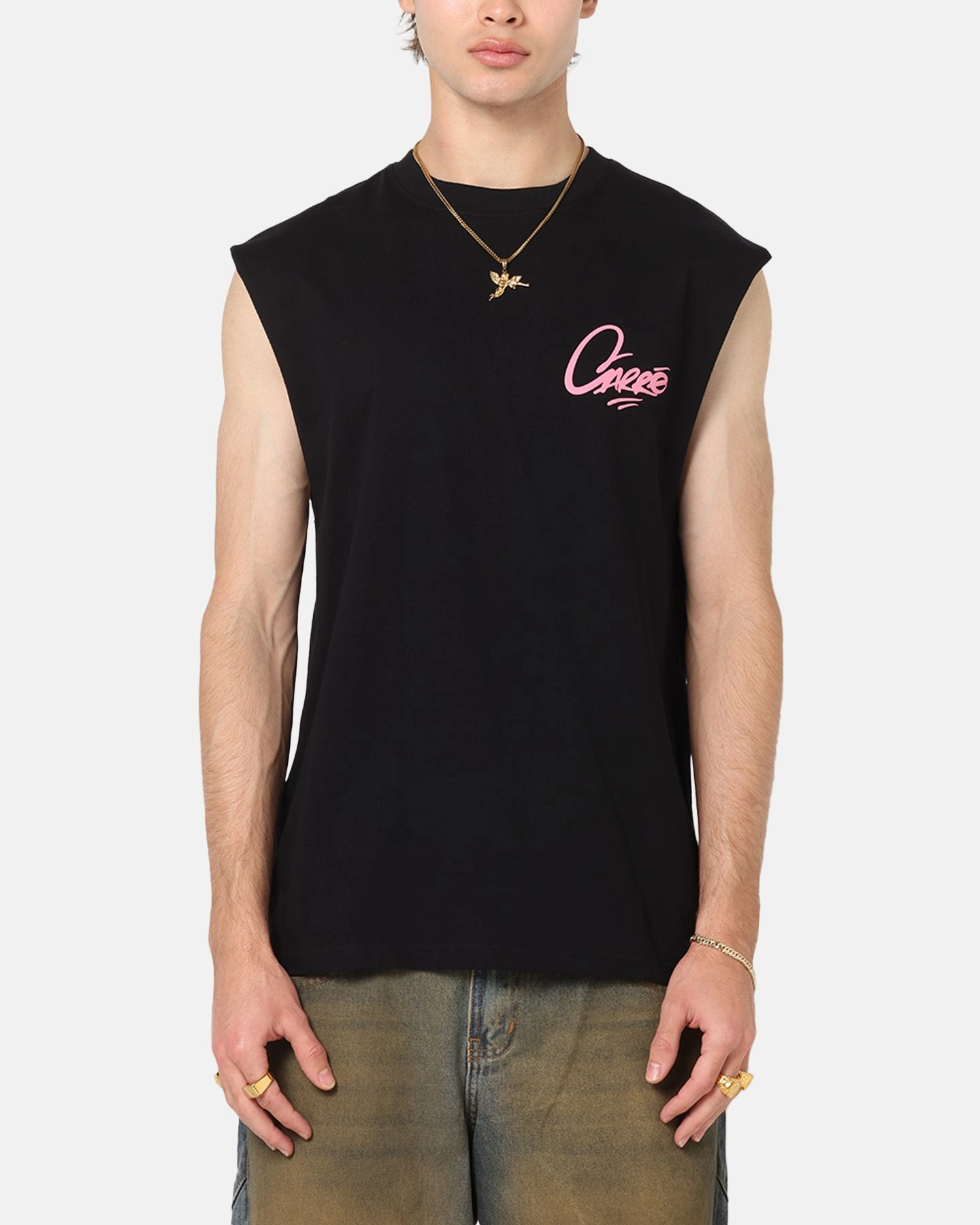 Anti Perspiration Lining Chilly Weather Style Carre Graffiti Muscle T-Shirt Black/Pink