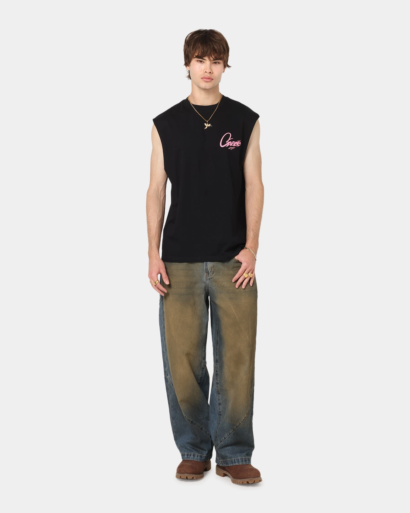Carre Graffiti Muscle T-Shirt Black/Pink Sweat Absorbent Scoop neck
