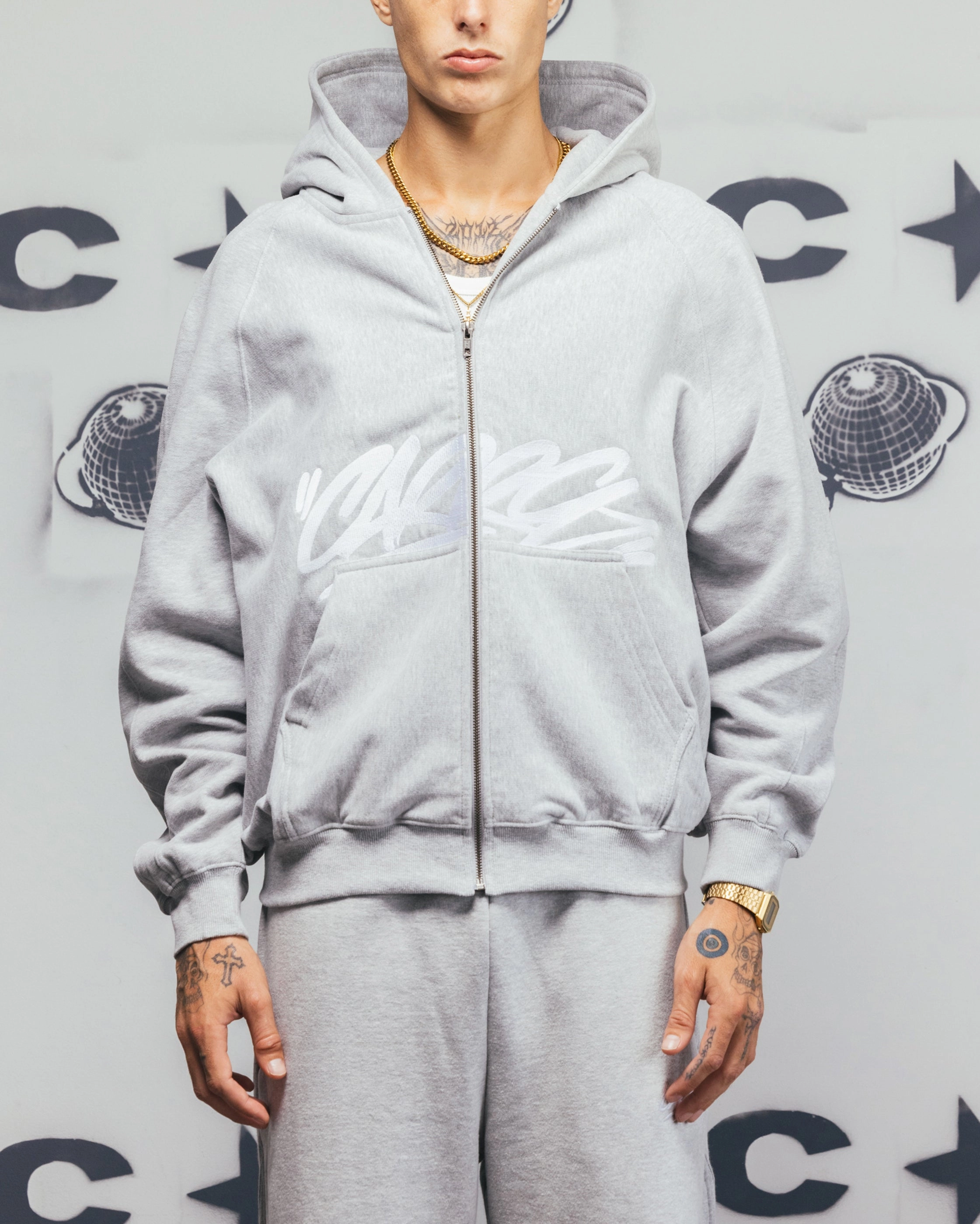 Urban - friendly Mesh Panel Insert Carre Grit Zip Hoodie Grey Marle