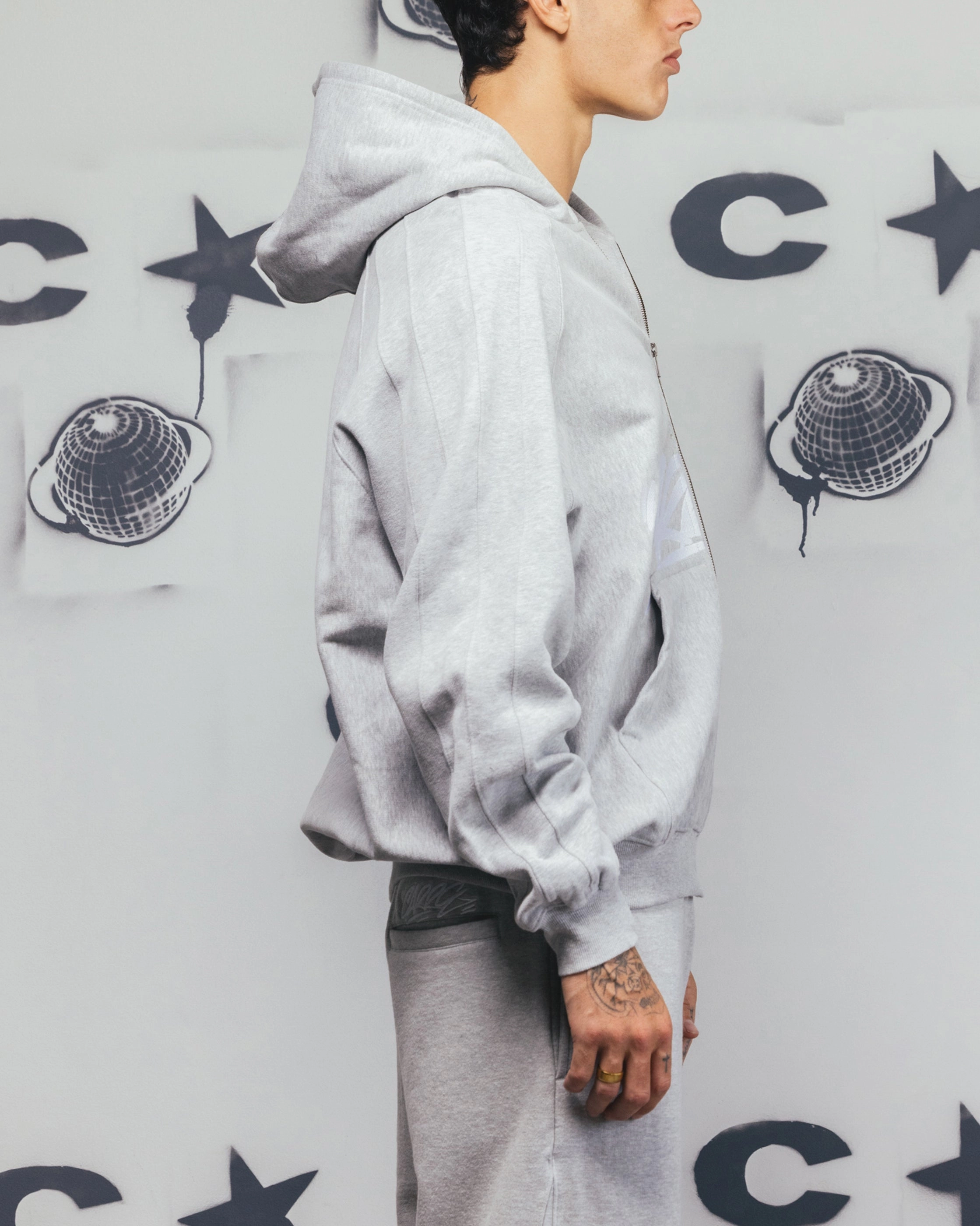 basic technology Carre Grit Zip Hoodie Grey Marle