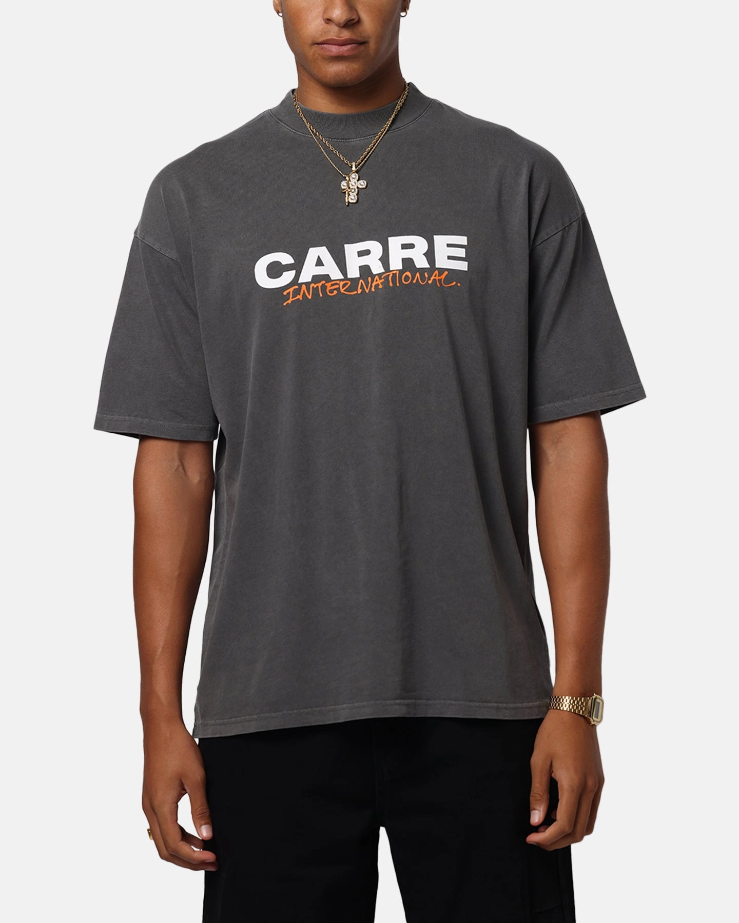 Carre Handdrawn Mock Neck T-Shirt Washed Charcoal Flexible Weave Versatile Look