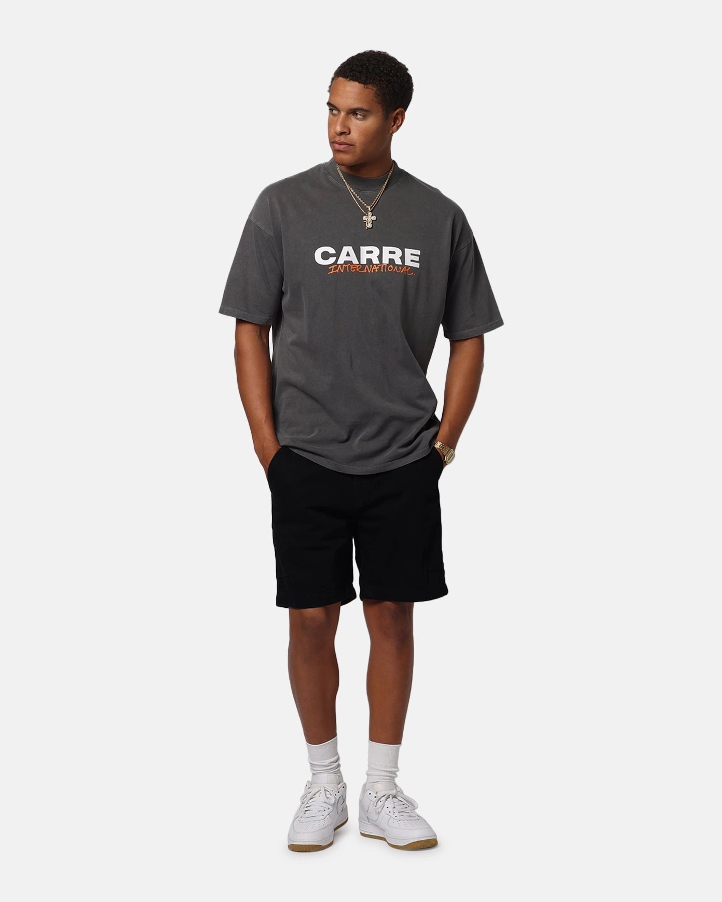 Light Trend Carre Handdrawn Mock Neck T-Shirt Washed Charcoal