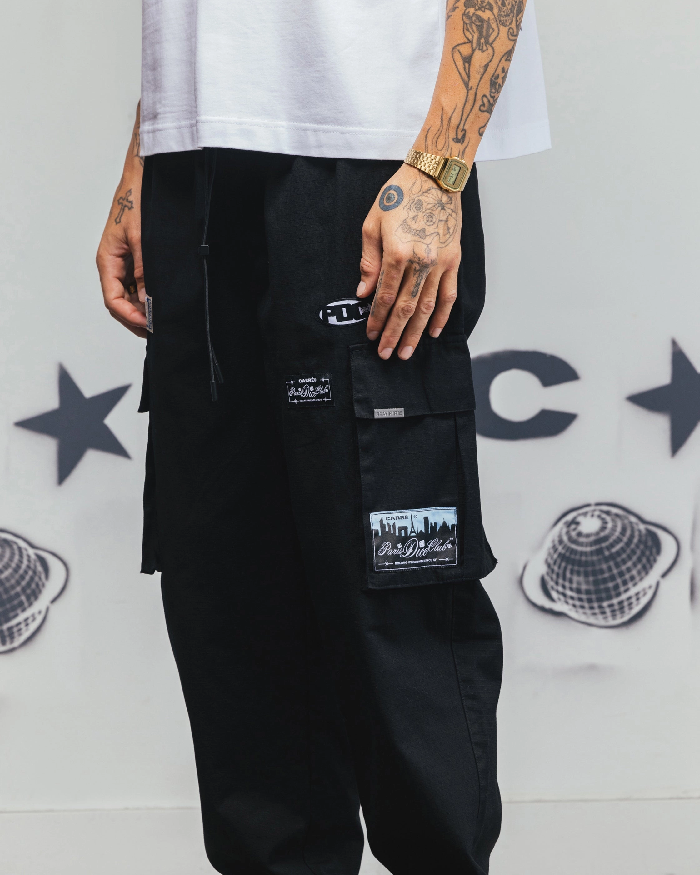 Streetwear vibe Flat Lock Seams Carre Patchwork Cargo Jogger Black