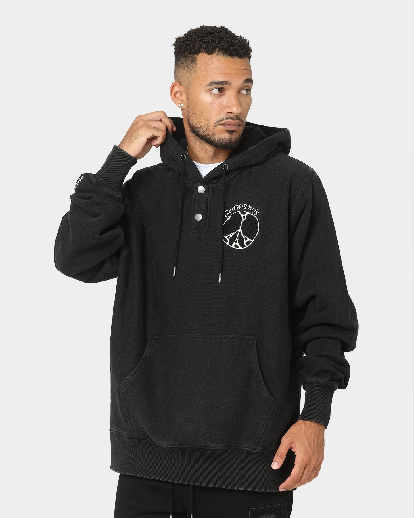 quilted Carre Peace Button Up Hoodie Washed Black