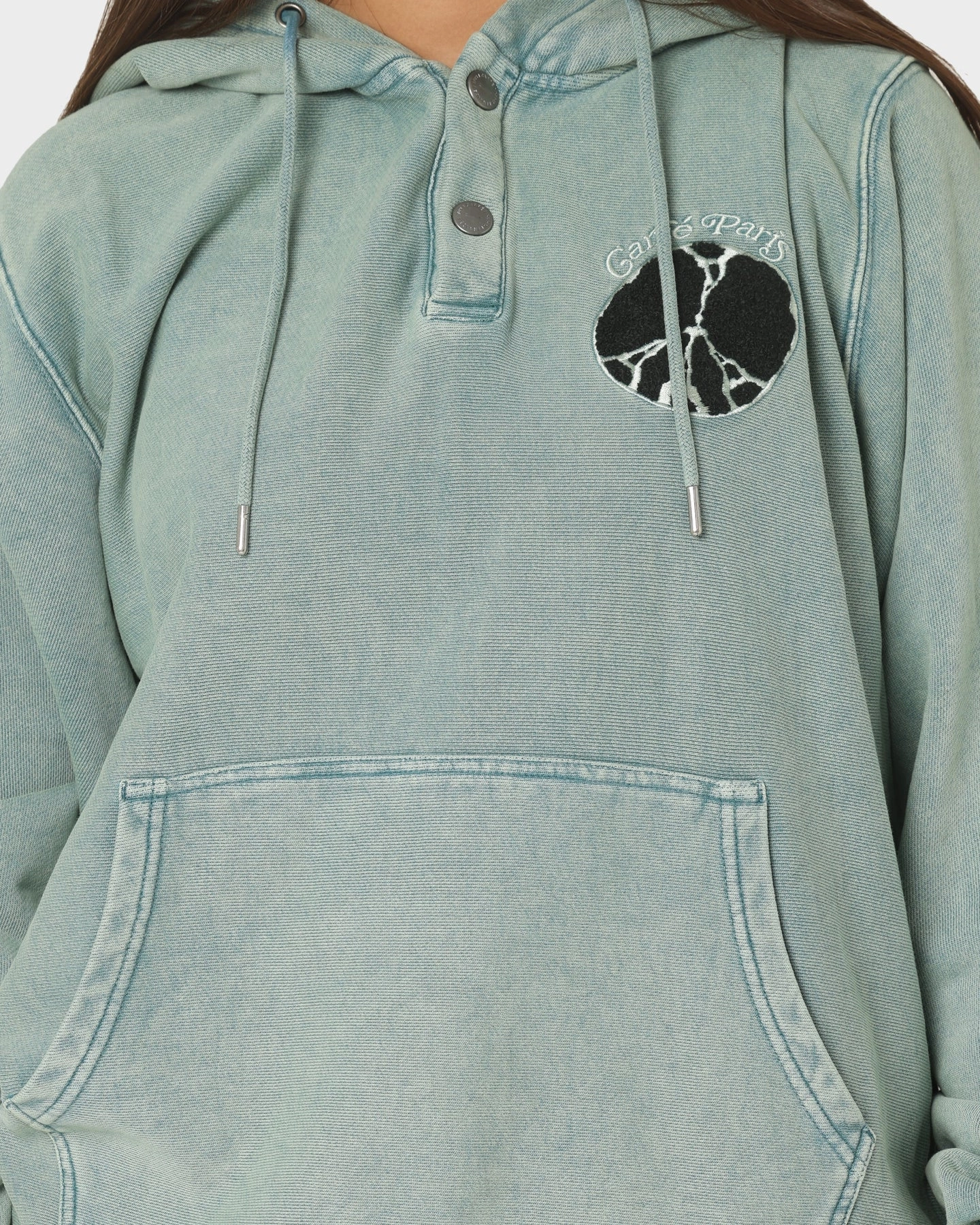 Carre Peace Button Up Hoodie Washed Green Flex Stretch Material