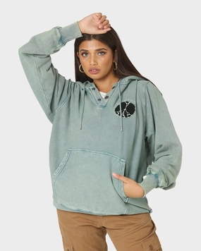 Listen Carre Peace Button Up Hoodie Washed Green