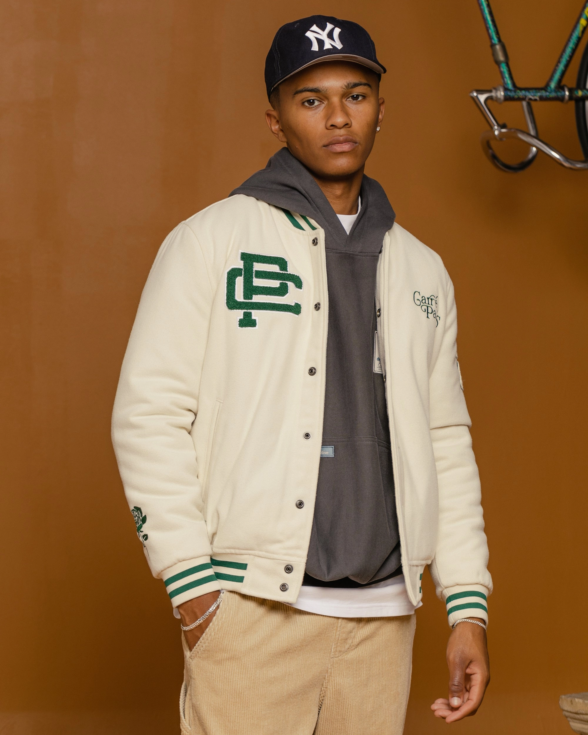 Carre Peace Varsity Jacket Off White/Green motorcycle Service