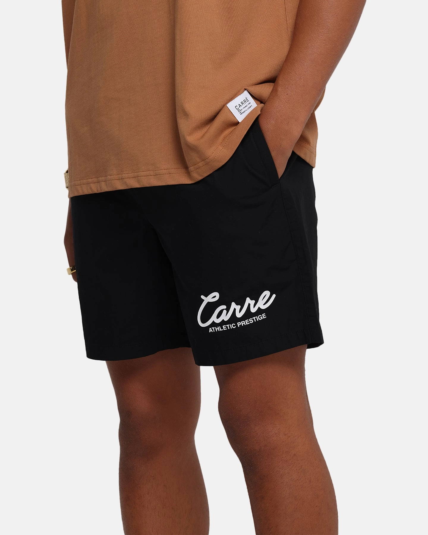 Rubberized Grip Waistband Seamless Waistband Carre Prestige Script Beach Shorts Black