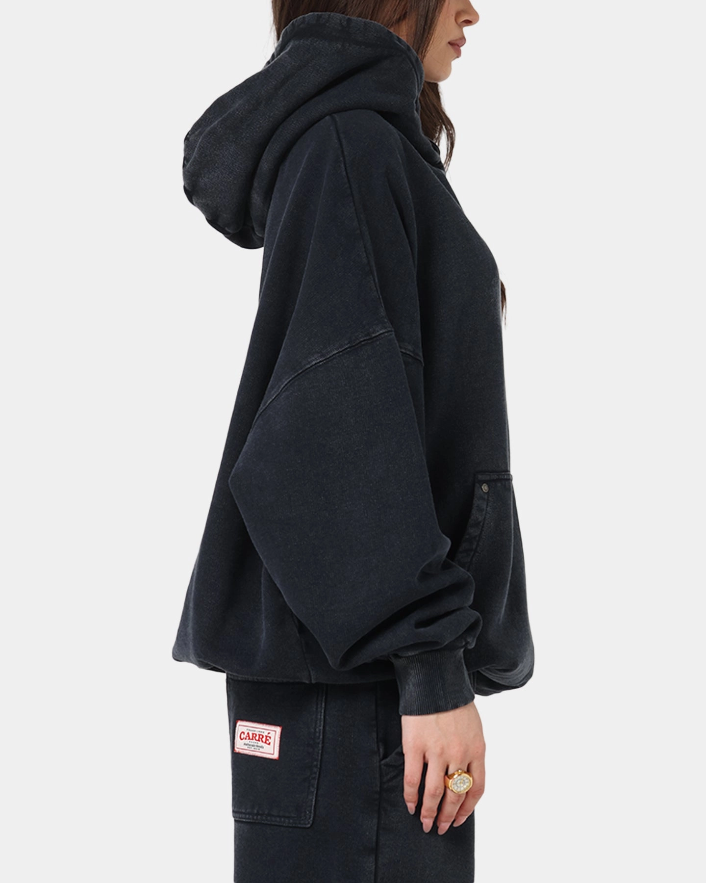 Taped Neckline Seams Carre Rivet Hoodie Charcoal