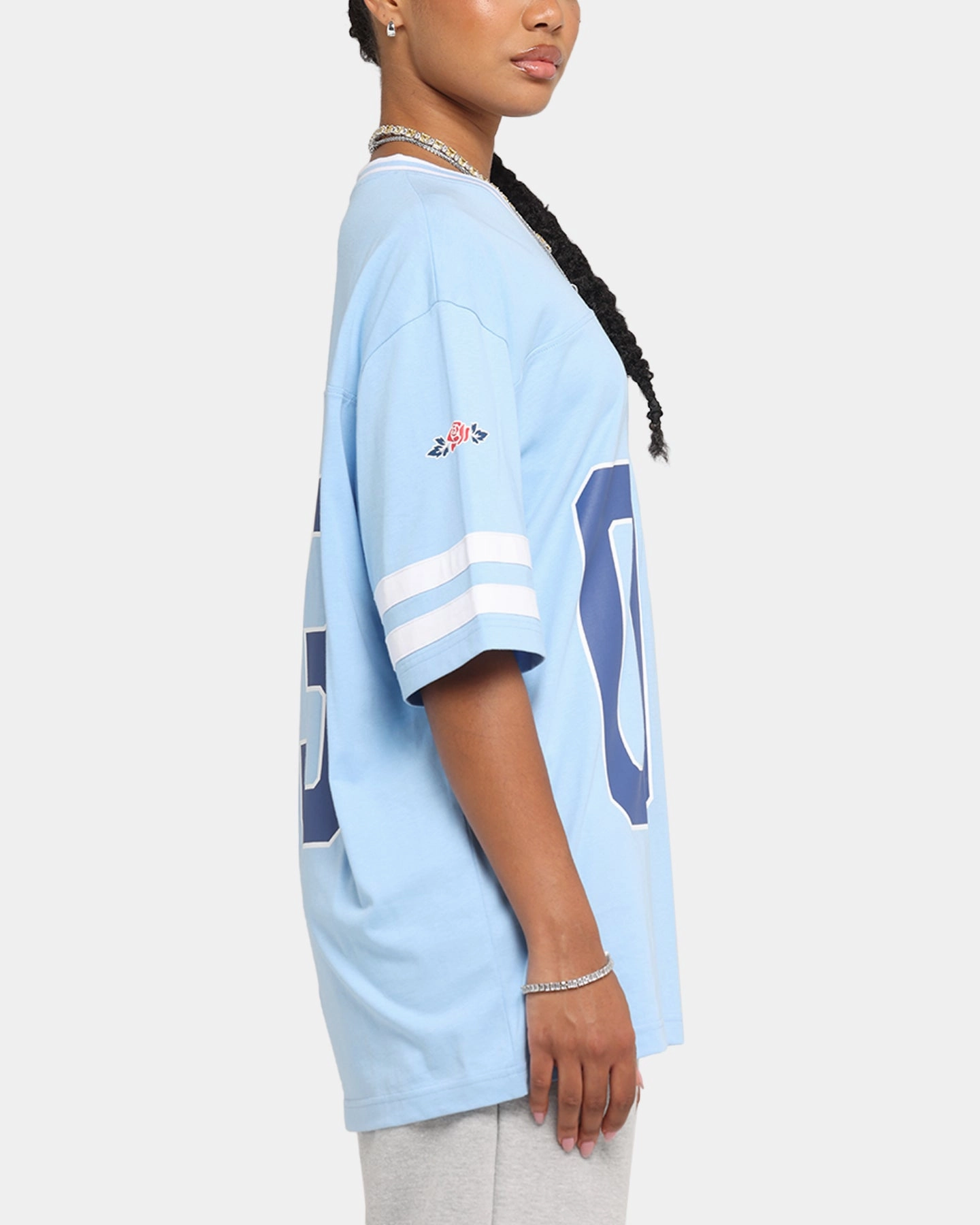 Preppy Taped Neckline Carre Rose Football T-Shirt Light Blue