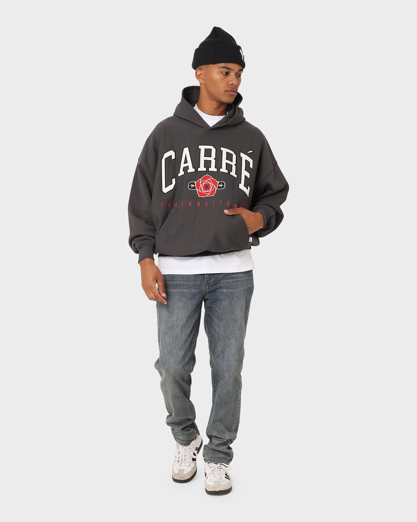 Convertible Collar Raglan Sleeve Construction Carre Rose International Oversized Hoodie Coal