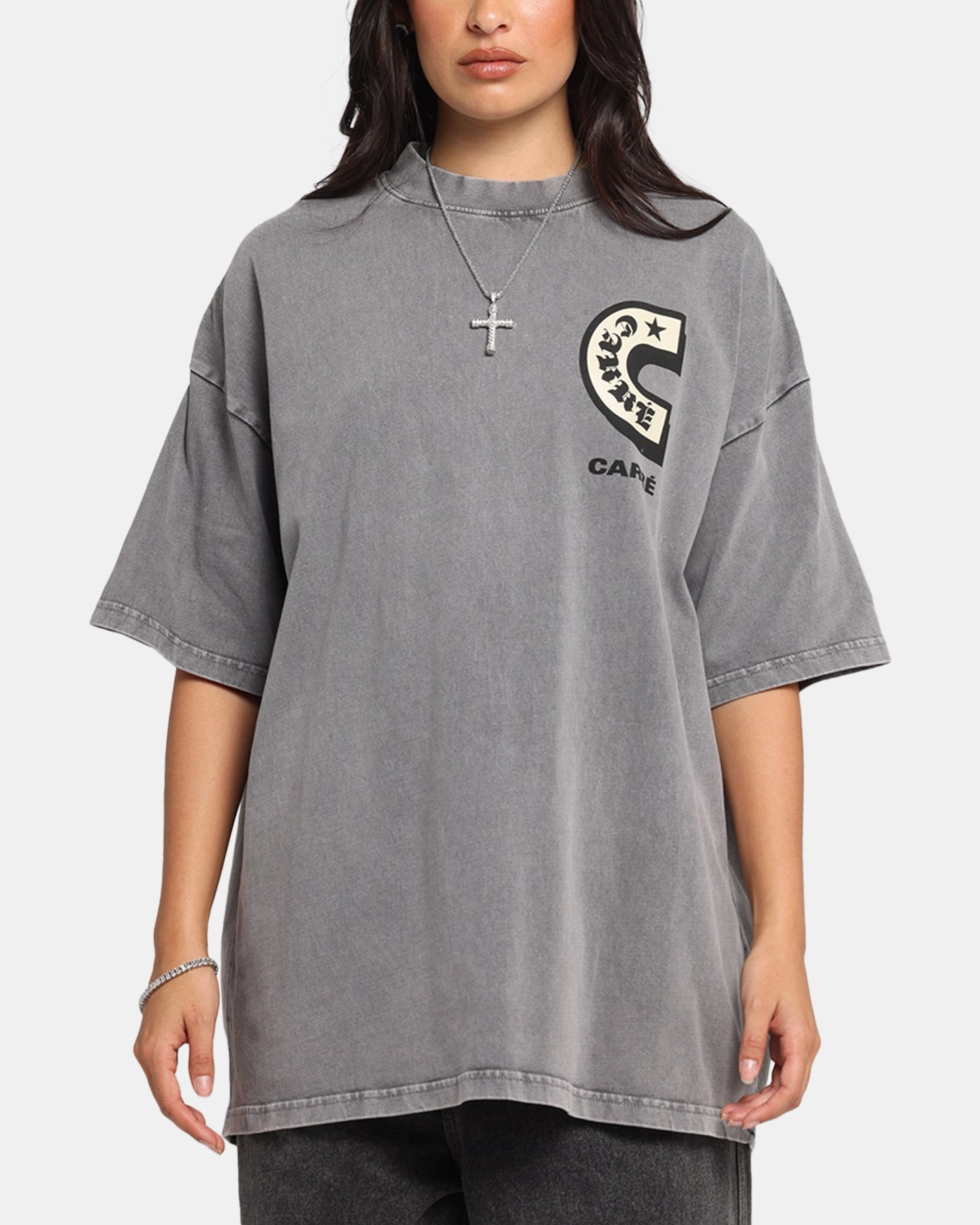 Office Wear Layered Sleeve Carre Sacred Letter Mock Neck T-Shirt Washed Charcoal
