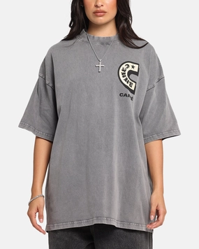 Office Wear Layered Sleeve Carre Sacred Letter Mock Neck T-Shirt Washed Charcoal