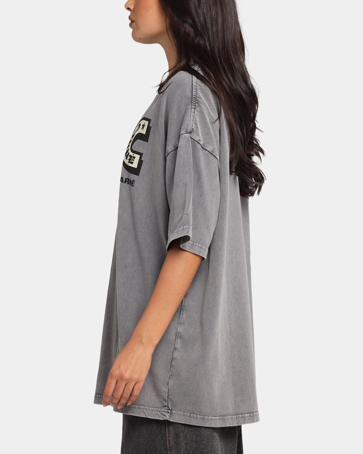 Carre Sacred Letter Mock Neck T-Shirt Washed Charcoal Lightweight Comfort Wear Ultra Soft Texture
