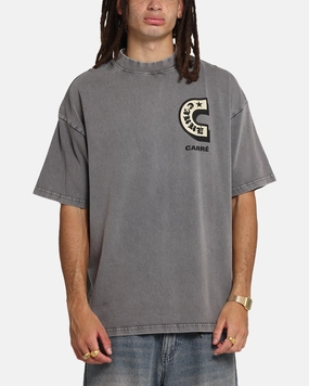 Carre Sacred Letter Mock Neck T-Shirt Washed Charcoal Hypoallergenic Fibers