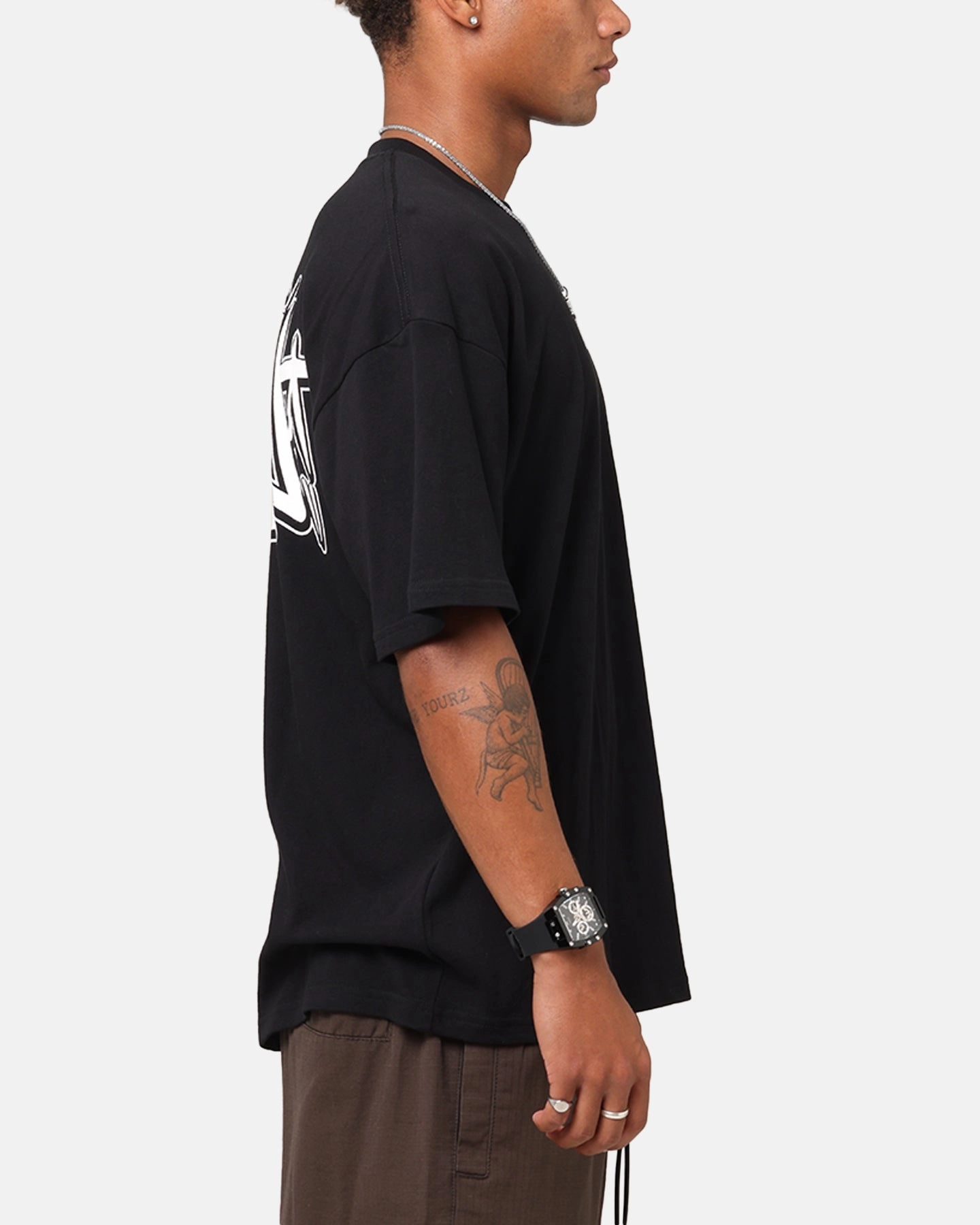 Set In Sleeve Comfortable Piece Carre Tagged Drop Shoulder T-Shirt Black
