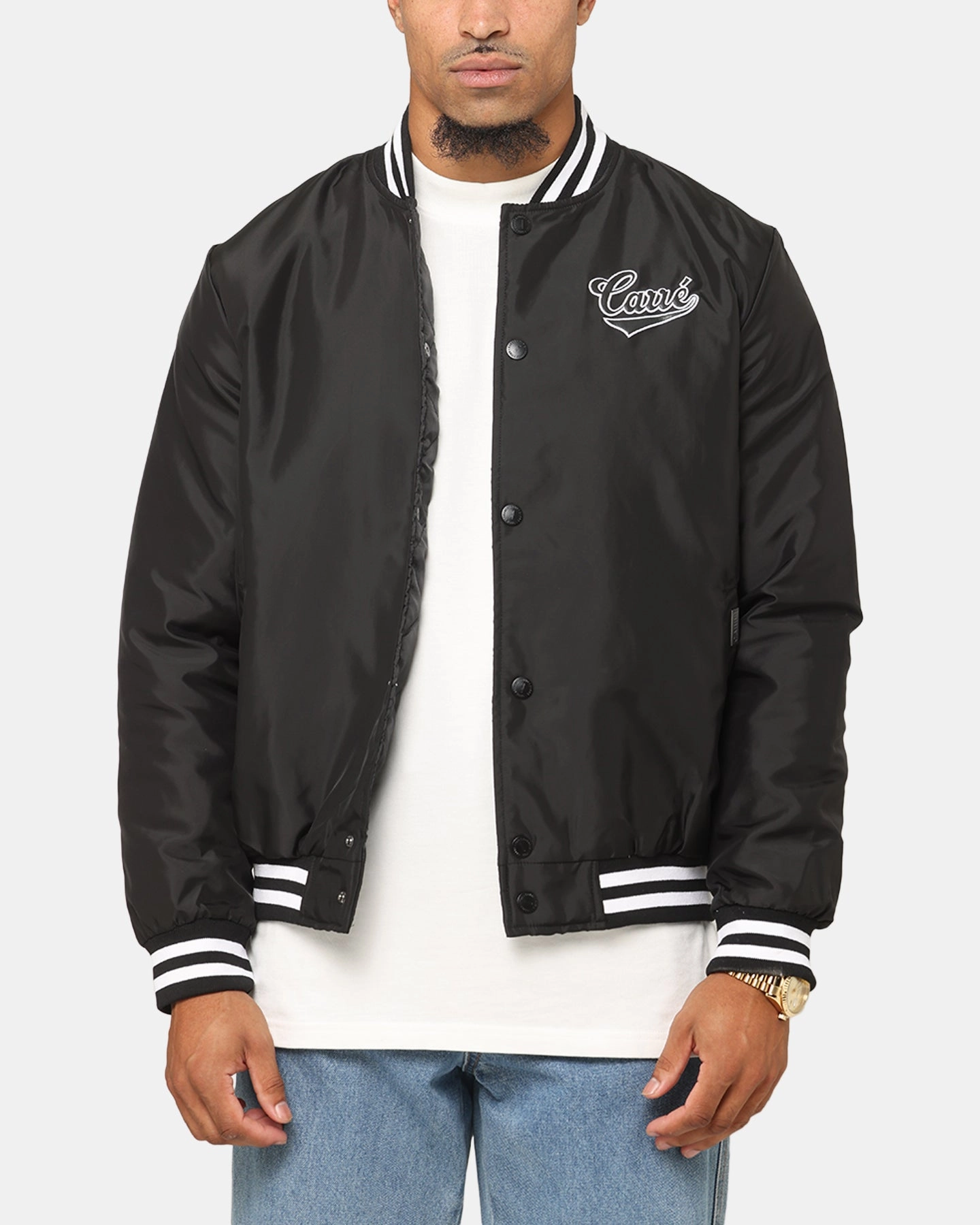 Four Way Stretch Carre Team Puffer Varsity Jacket Black/White