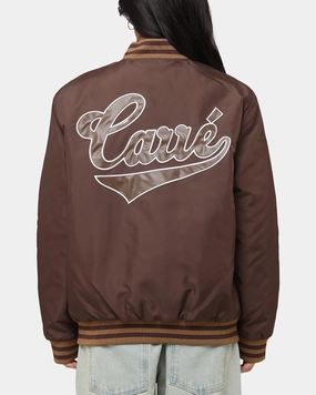 Carre Team Puffer Varsity Jacket Brown Dual Layer Insulation
