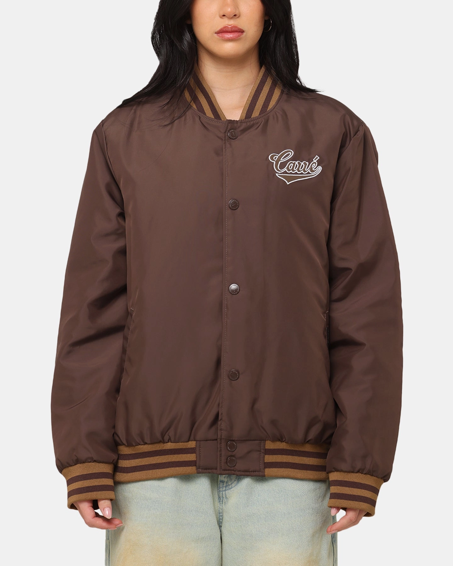 Carre Team Puffer Varsity Jacket Brown Eco Conscious Dye Process Layered Look