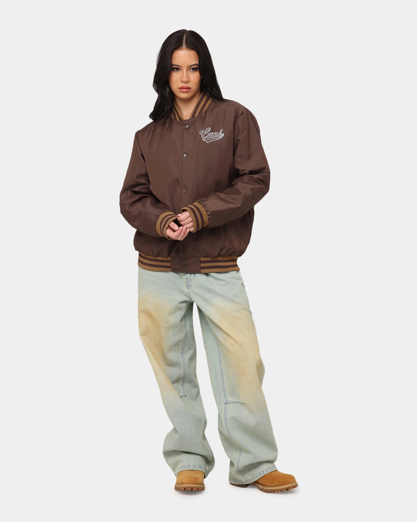 Anytime Outer Fit Carre Team Puffer Varsity Jacket Brown